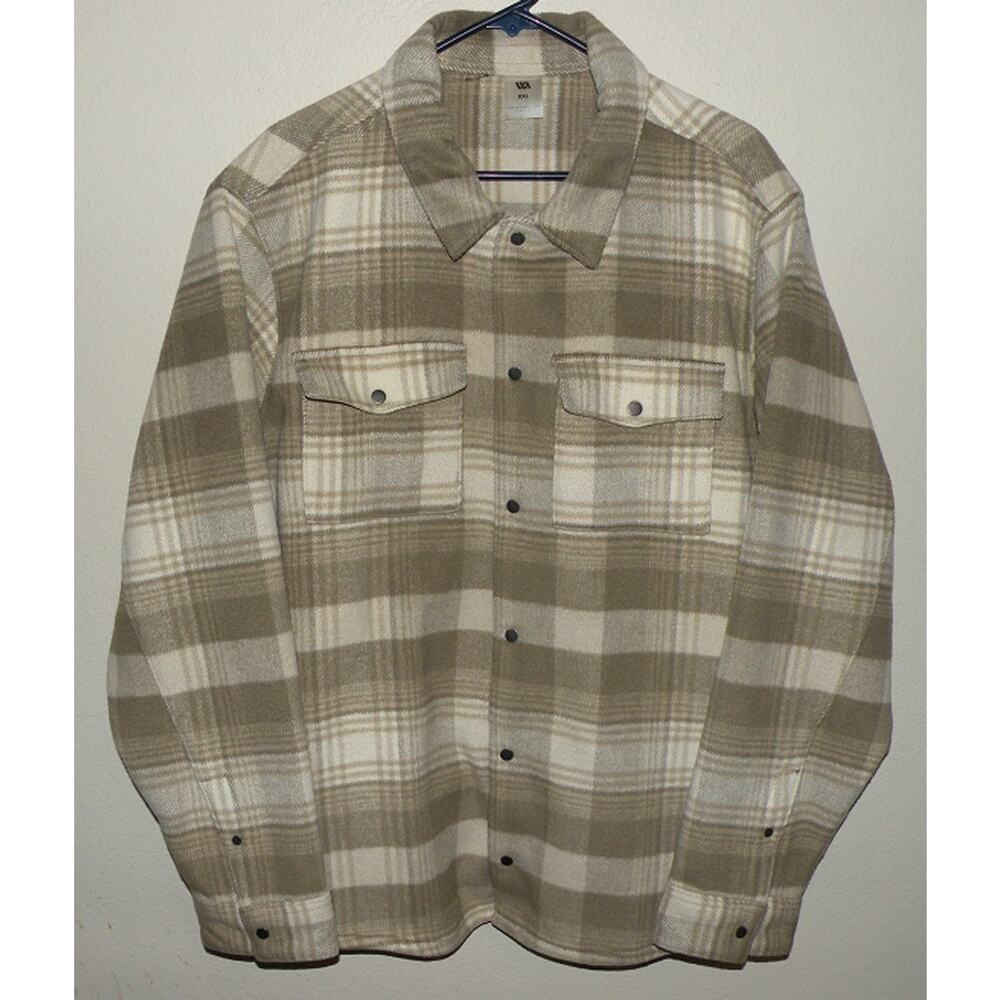 VRST Men’s XL LS Flannel Snap Shirt Jacket Shacket Beige/Gray Plaid Wool Blend